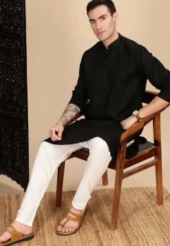 Woven Cotton Jacquard Kurta in Black