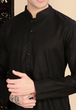 Woven Cotton Jacquard Kurta in Black