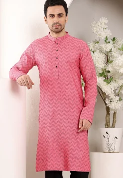 Woven Cotton Jacquard Kurta in Pink