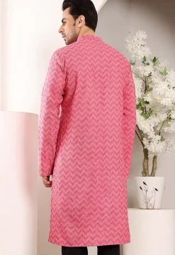 Woven Cotton Jacquard Kurta in Pink