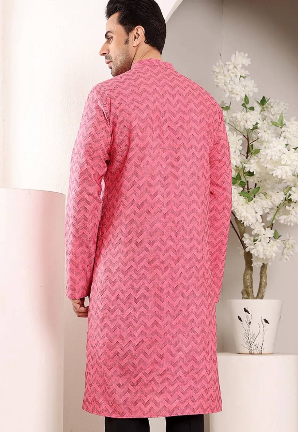 Woven Cotton Jacquard Kurta in Pink