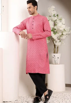 Woven Cotton Jacquard Kurta in Pink