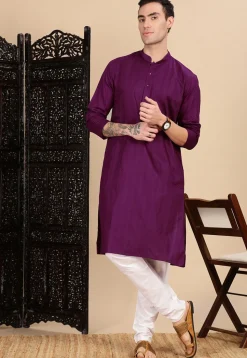 Woven Cotton Jacquard Kurta in Purple