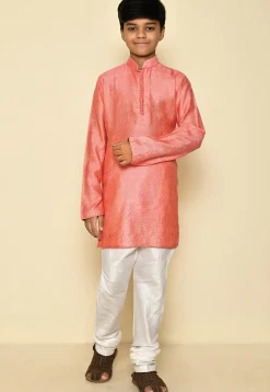 Woven Cotton Jacquard Kurta Set in Peach