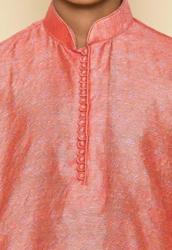 Woven Cotton Jacquard Kurta Set in Peach