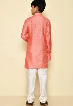 Woven Cotton Jacquard Kurta Set in Peach