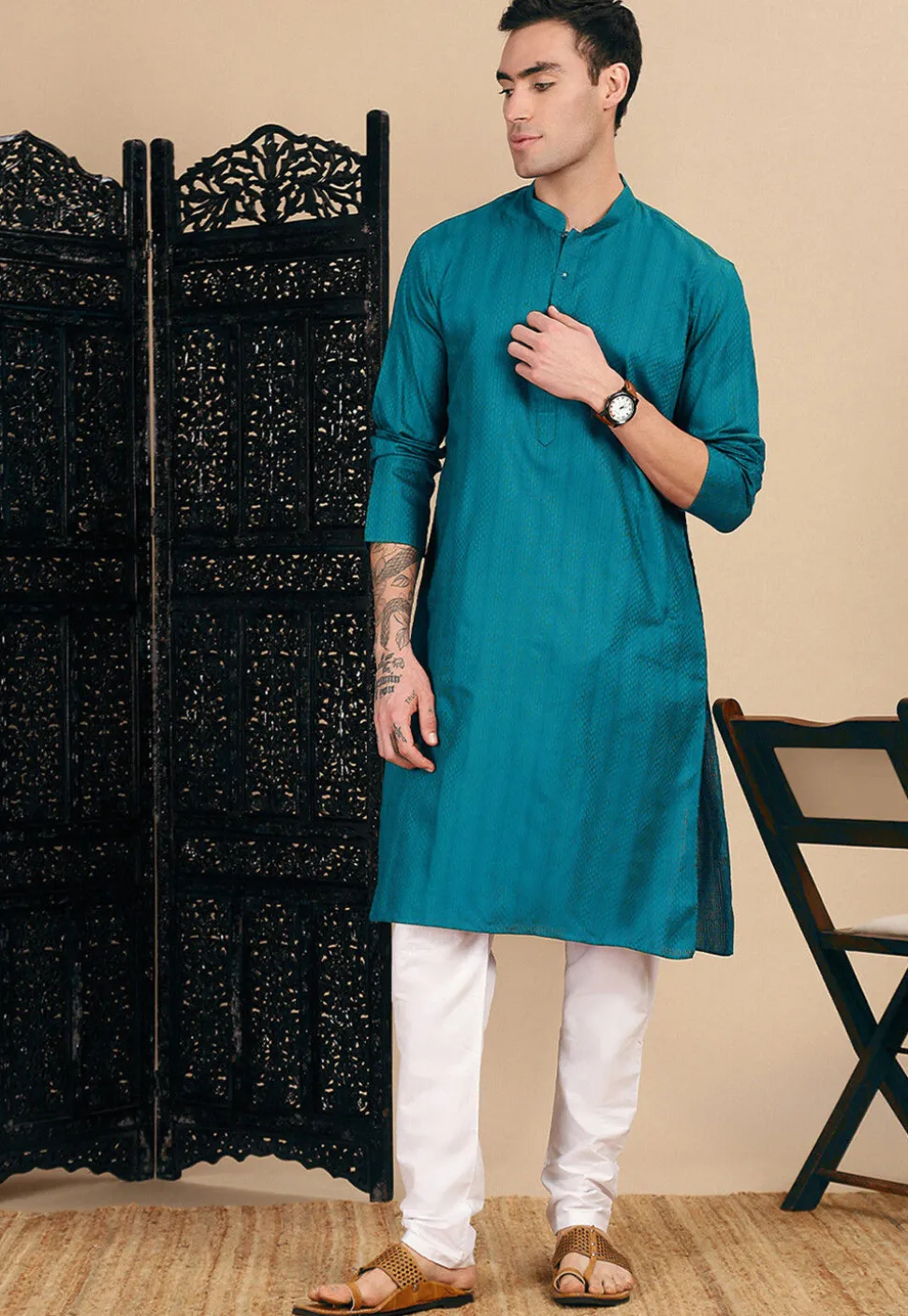 Woven Cotton Jacquard Kurta in Teal Blue