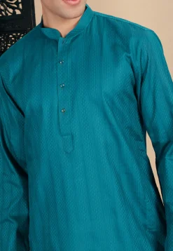 Woven Cotton Jacquard Kurta in Teal Blue