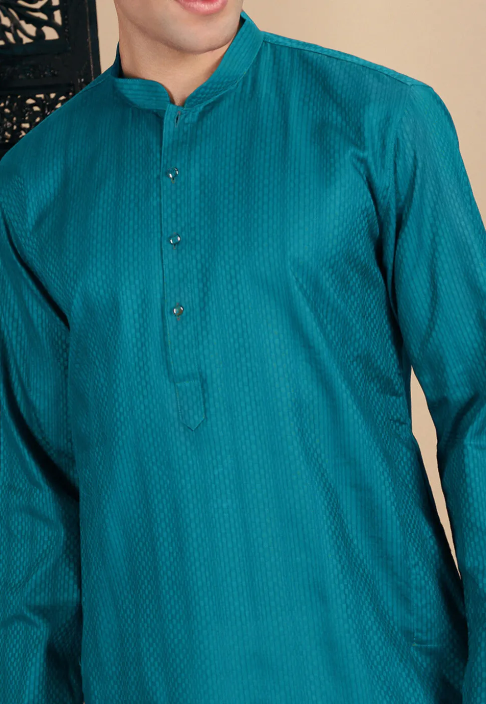 Woven Cotton Jacquard Kurta in Teal Blue