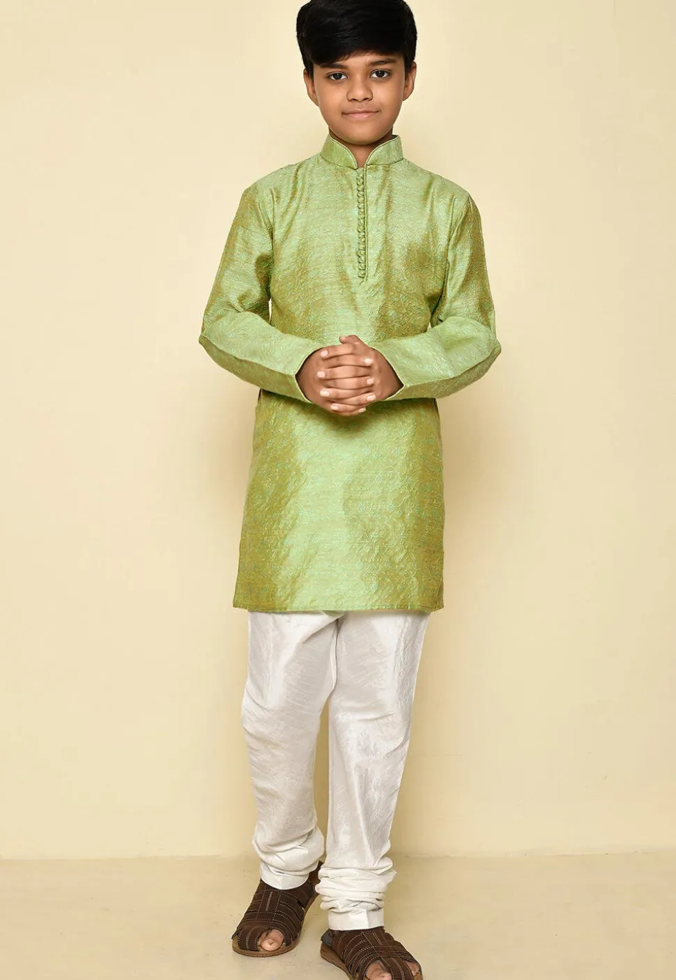 Woven Cotton Jacquard Kurta in Light Green