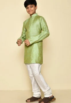 Woven Cotton Jacquard Kurta Set in Light Green