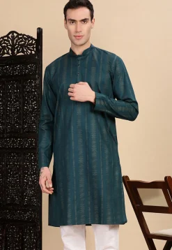 Woven Cotton Jacquard Kurta in Teal Blue