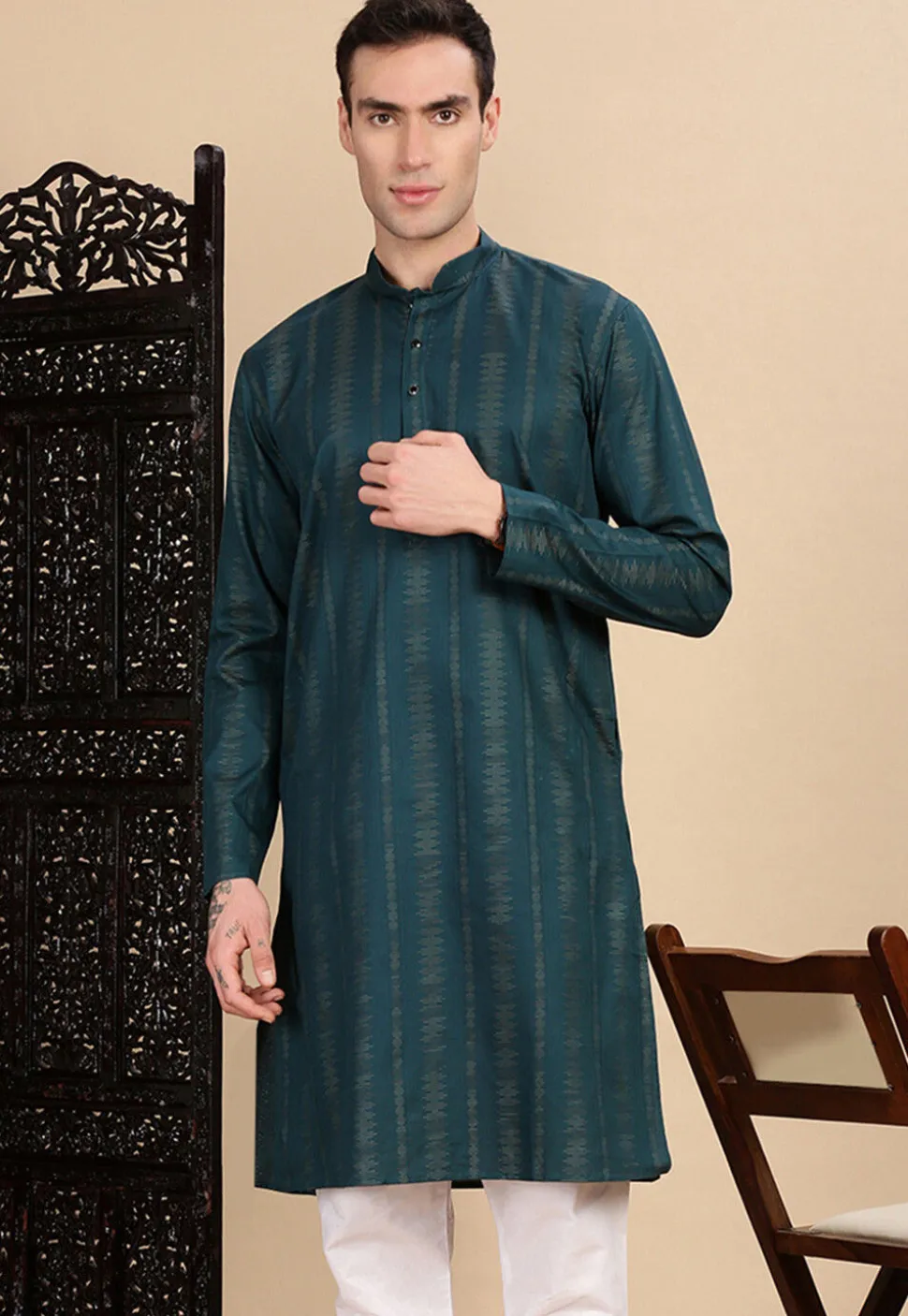 Woven Cotton Jacquard Kurta in Teal Blue