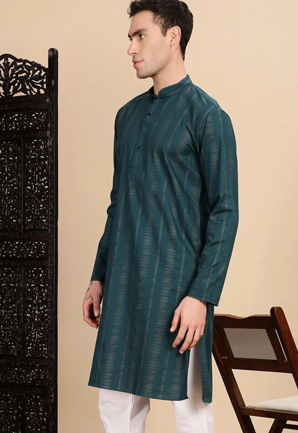 Woven Cotton Jacquard Kurta in Teal Blue