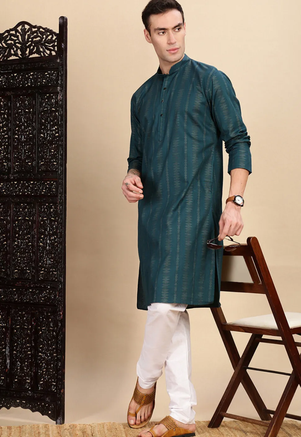 Woven Cotton Jacquard Kurta in Teal Blue