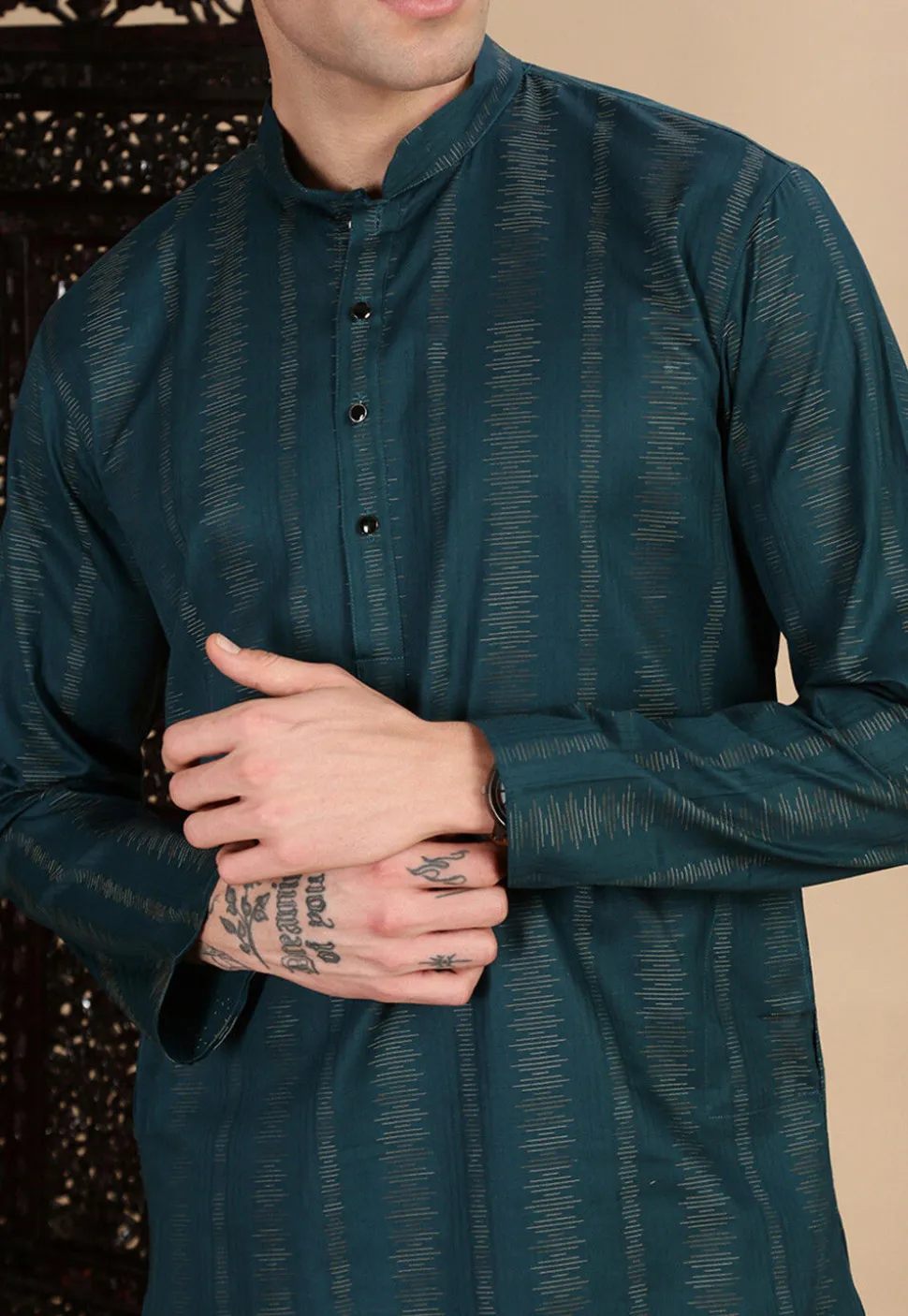 Woven Cotton Jacquard Kurta in Teal Blue