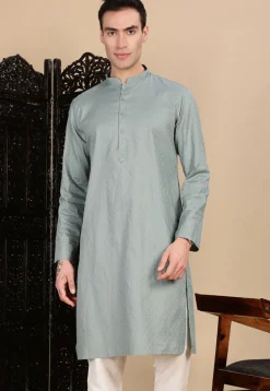 Woven Cotton Jacquard Kurta in Grey