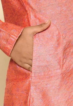 Woven Cotton Jacquard Kurta in Peach