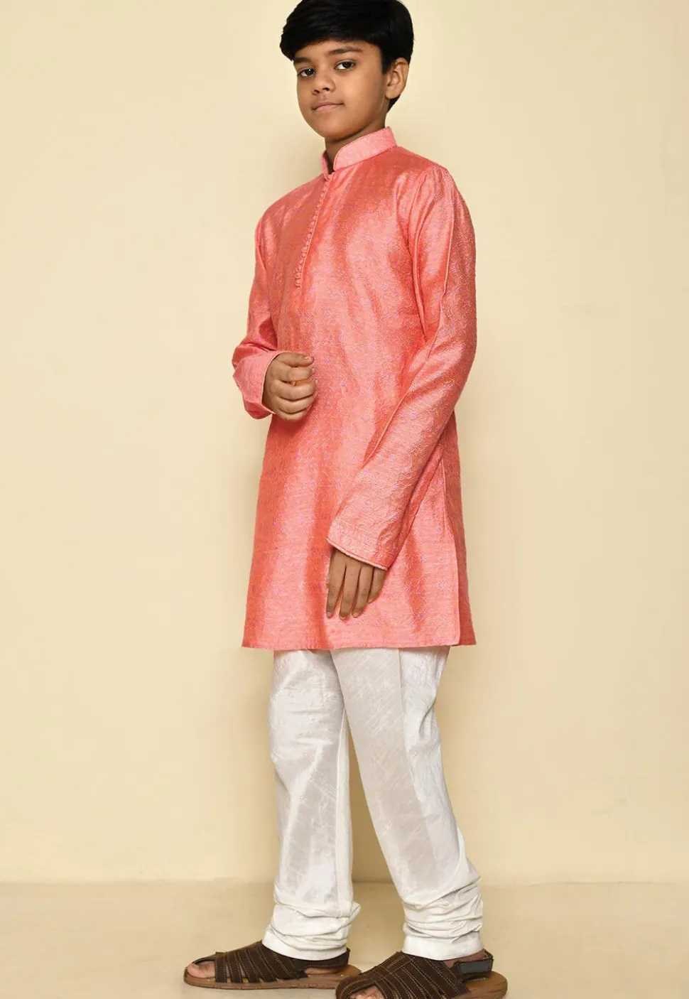 Woven Cotton Jacquard Kurta in Peach