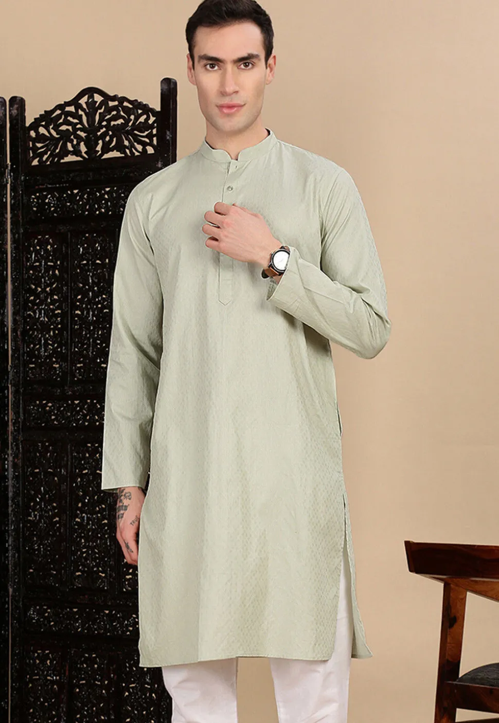 Woven Cotton Jacquard Kurta in Dusty Green