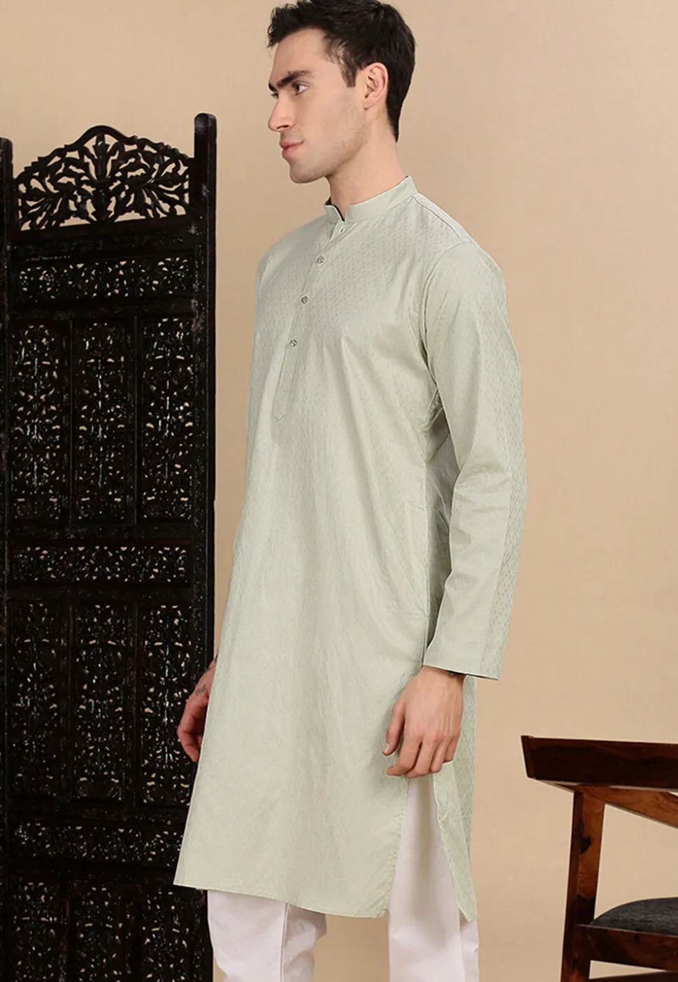 Woven Cotton Jacquard Kurta in Dusty Green