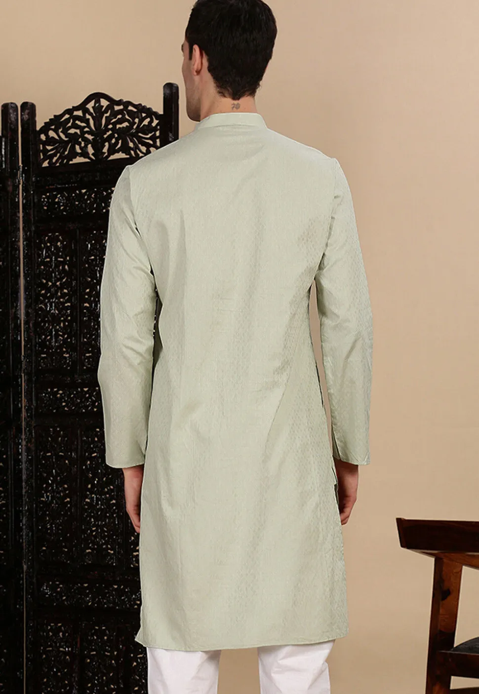 Woven Cotton Jacquard Kurta in Dusty Green