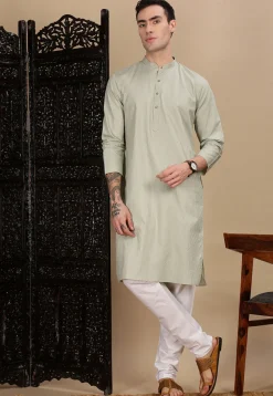 Woven Cotton Jacquard Kurta in Dusty Green