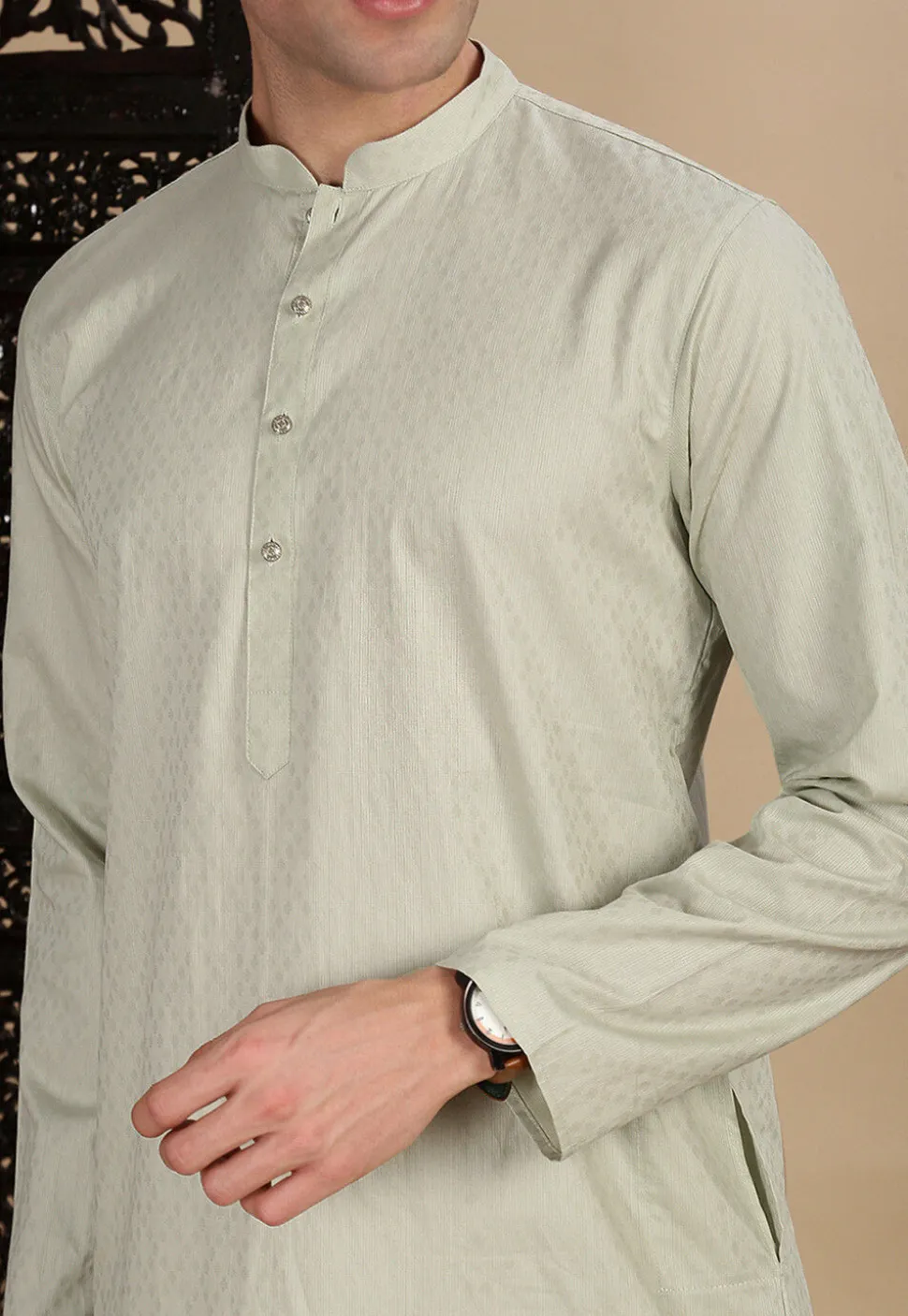 Woven Cotton Jacquard Kurta in Dusty Green