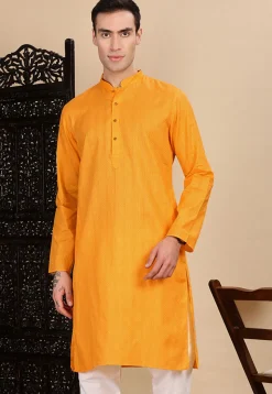 Woven Cotton Jacquard Kurta in Mustard