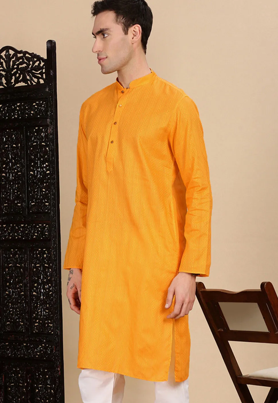 Woven Cotton Jacquard Kurta in Mustard
