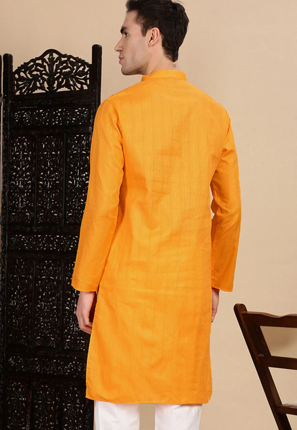 Woven Cotton Jacquard Kurta in Mustard
