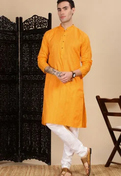 Woven Cotton Jacquard Kurta in Mustard