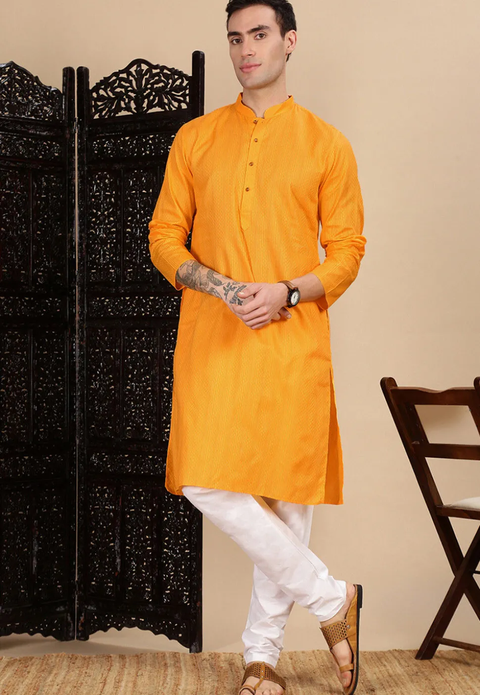 Woven Cotton Jacquard Kurta in Mustard