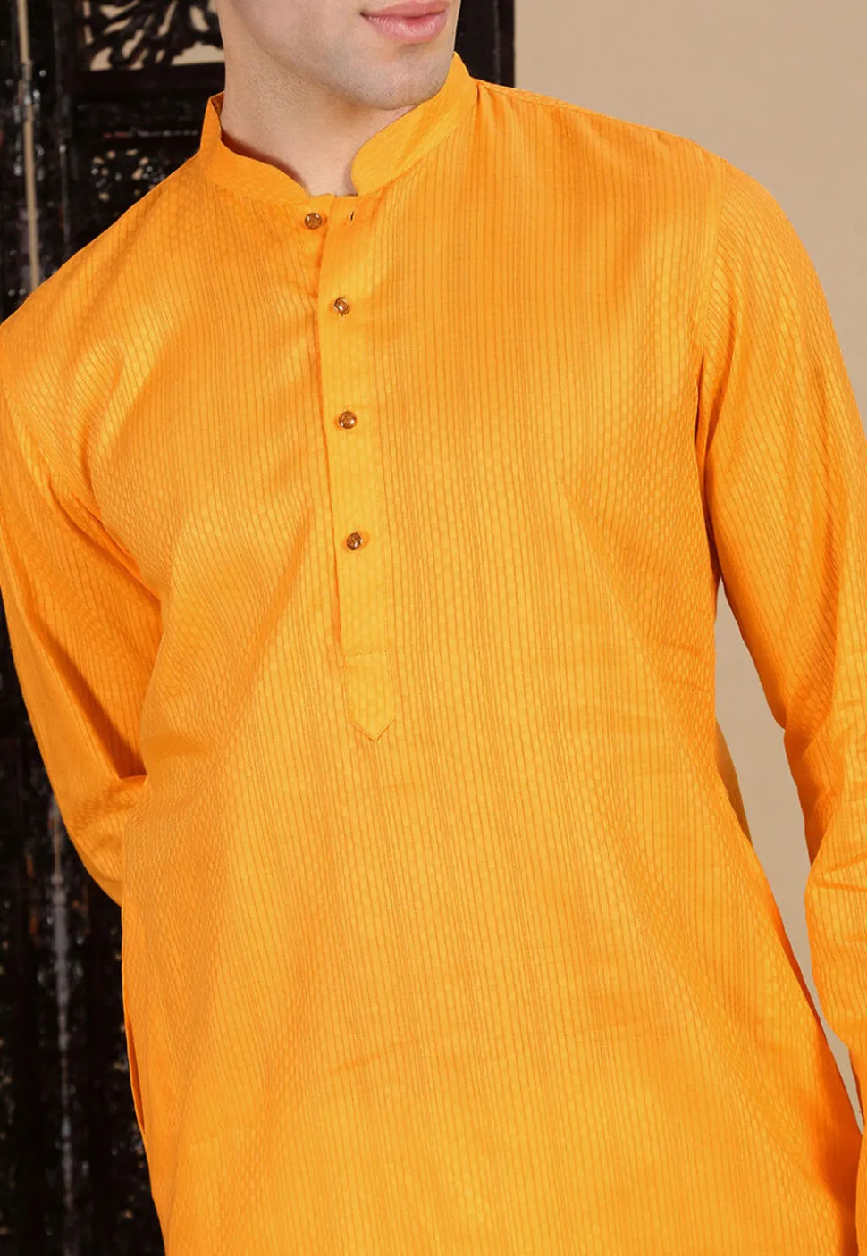 Woven Cotton Jacquard Kurta in Mustard