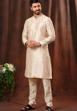 Woven Cotton Jacquard Kurta Set in Cream
