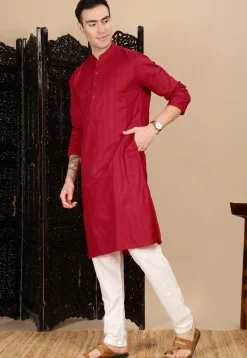 Woven Cotton Jacquard Kurta in Red