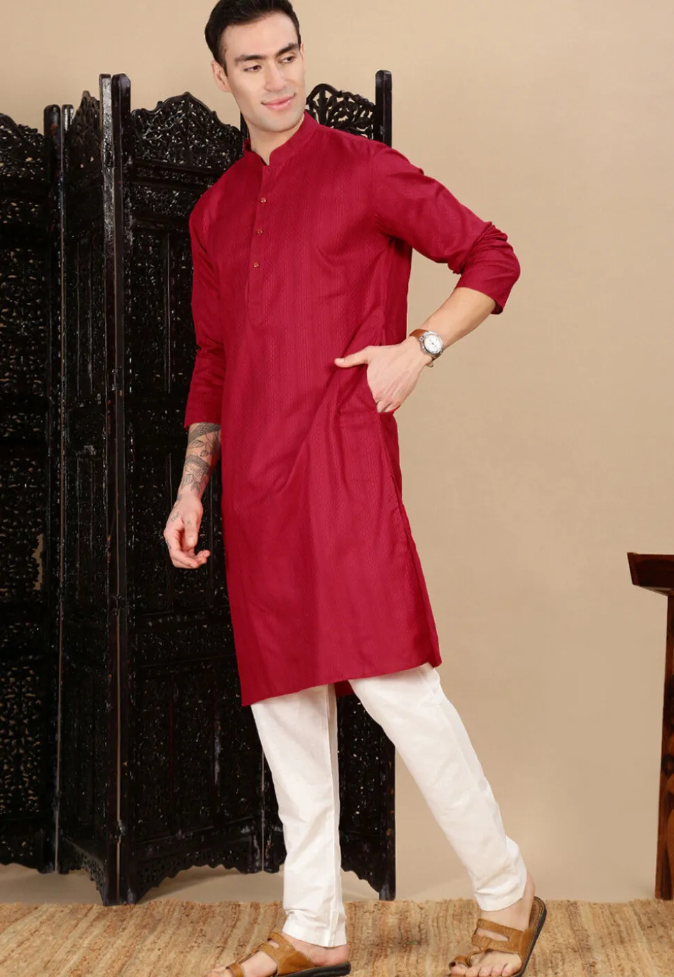 Woven Cotton Jacquard Kurta in Red