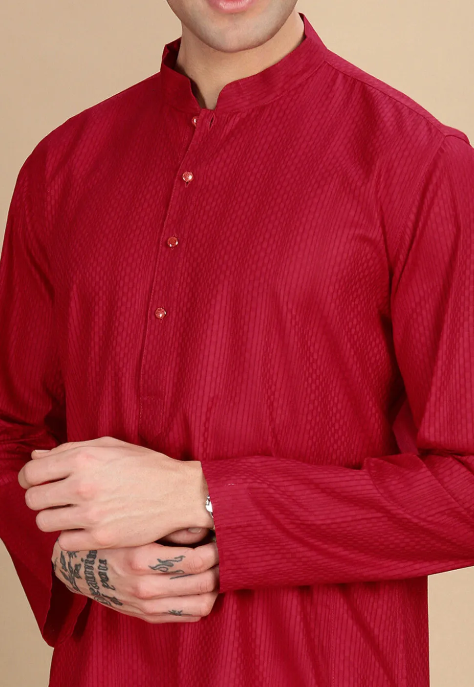 Woven Cotton Jacquard Kurta in Red