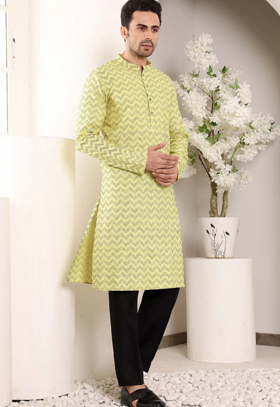 Woven Cotton Jacquard Kurta in Yellow