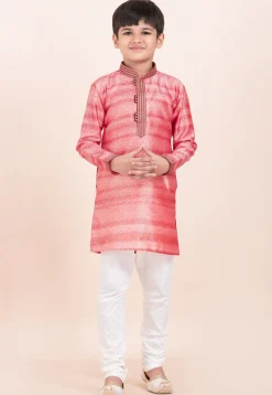 Woven Cotton Jacquard Kurta Set in Peach