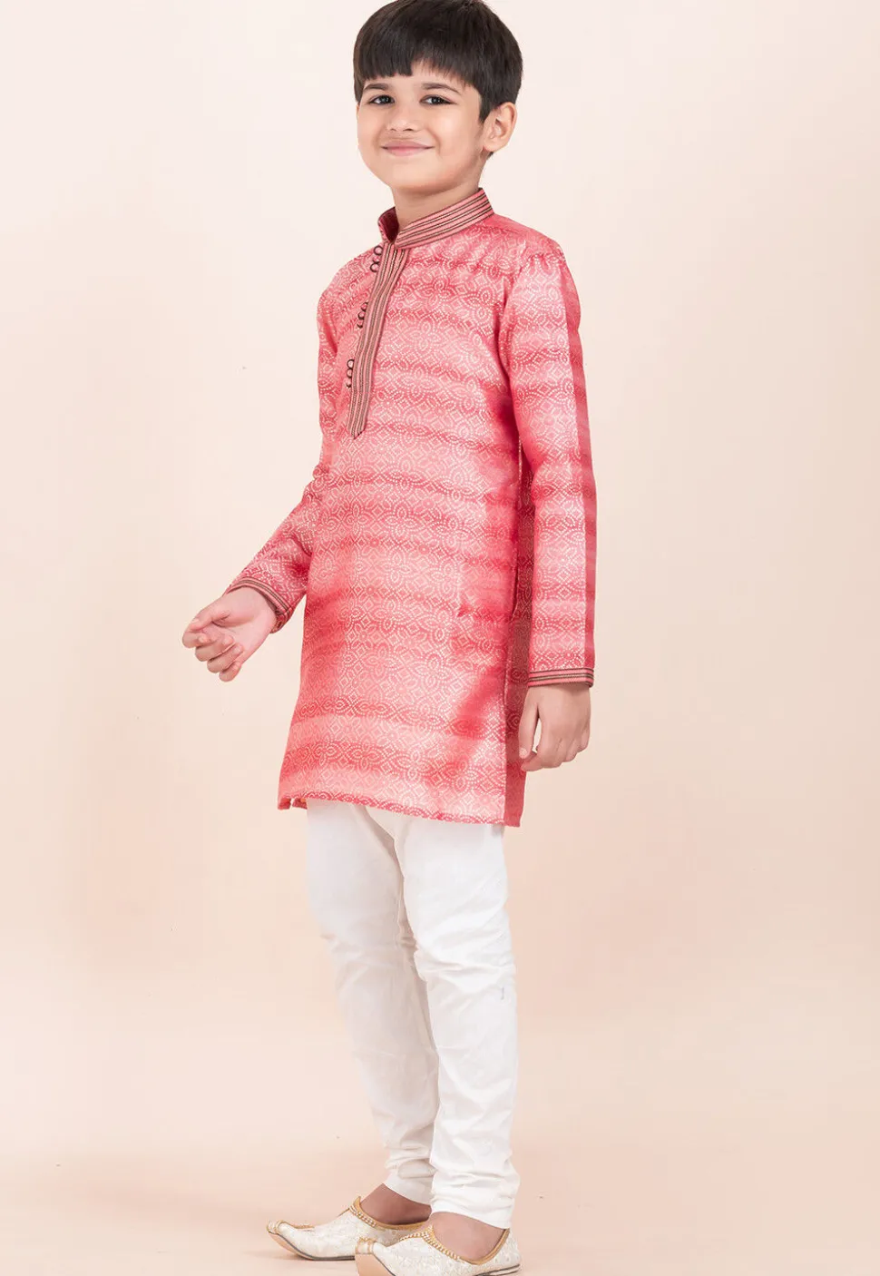 Woven Cotton Jacquard Kurta Set in Peach