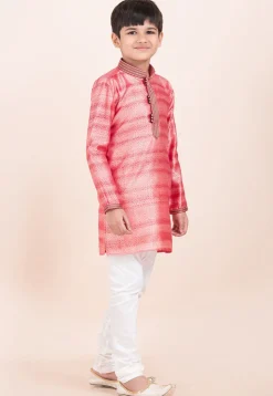 Woven Cotton Jacquard Kurta Set in Peach