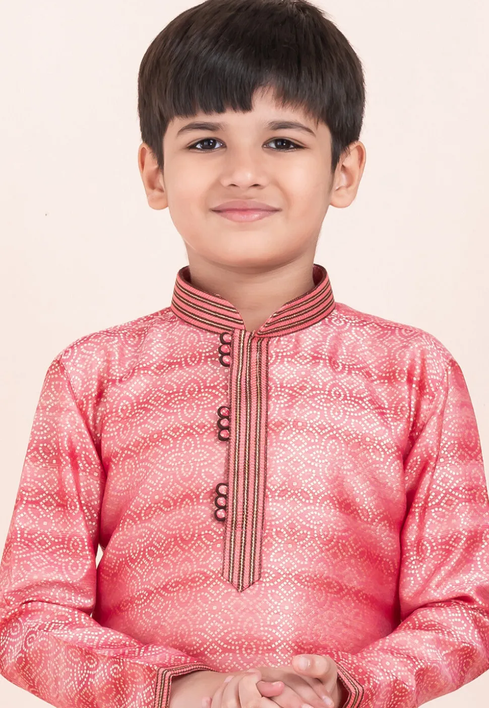 Woven Cotton Jacquard Kurta Set in Peach