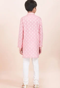 Woven Cotton Jacquard Kurta Set in Pink