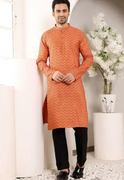 Woven Cotton Jacquard Kurta Set in Orange
