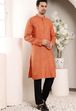 Woven Cotton Jacquard Kurta Set in Orange