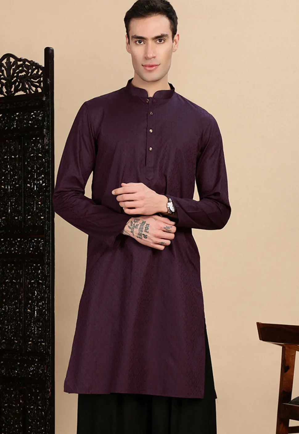 Woven Cotton Jacquard Kurta in Violet