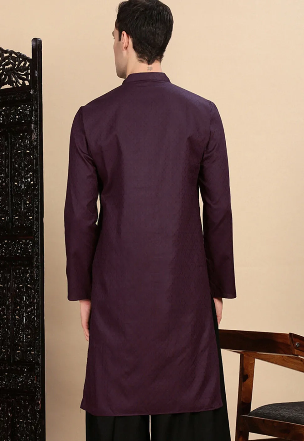 Woven Cotton Jacquard Kurta in Violet
