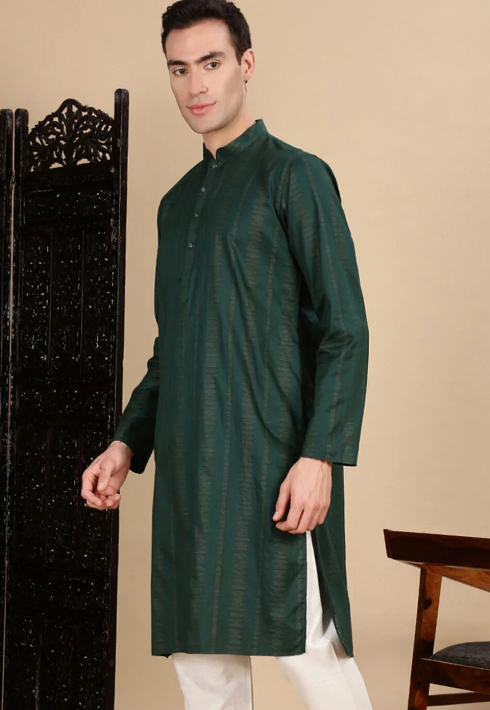 Woven Cotton Jacquard Kurta in Dark Green