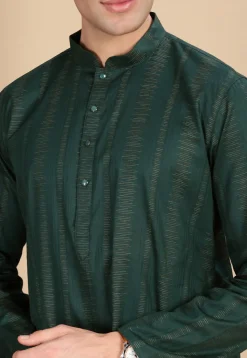 Woven Cotton Jacquard Kurta in Dark Green